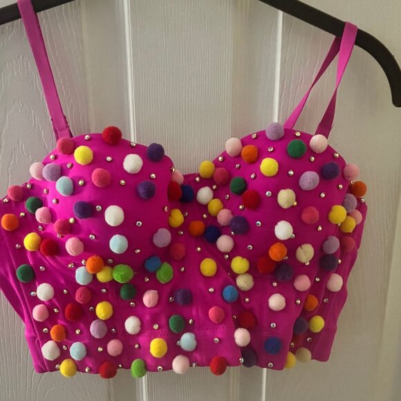 Pink with Multi-Colored Fuzzy Balls with Shiny Accents Bustier Cami Crop Top - Picture 1 of 3